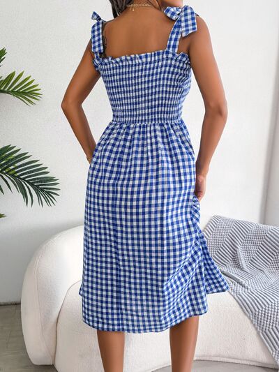 Frill Plaid Square Neck Midi Dress |1mrk.com