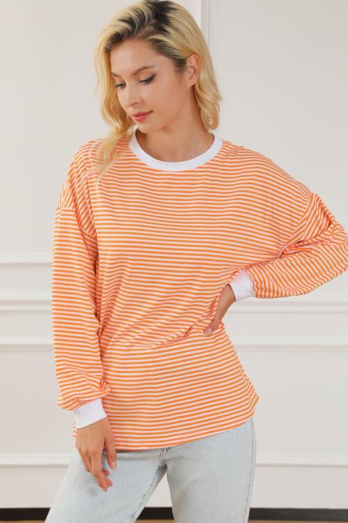 Striped Round Neck Long Sleeve Sweatshirt |1mrk.com