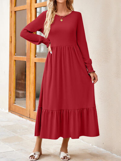 Round Neck Lantern Sleeve Ruffle Hem Dress | 1mrk.com