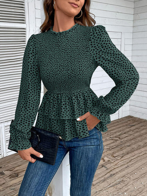 Printed Round Neck Smocked Flounce Sleeve T-Shirt | 1mrk.com