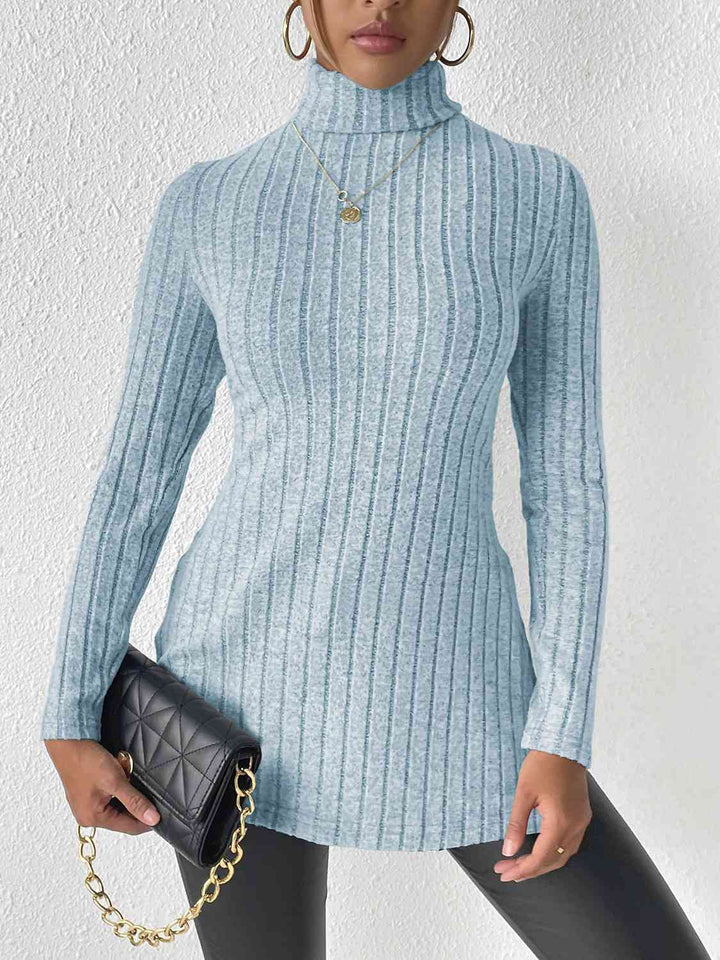 Ribbed Turtleneck Long Sleeve Slit T-Shirt | 1mrk.com