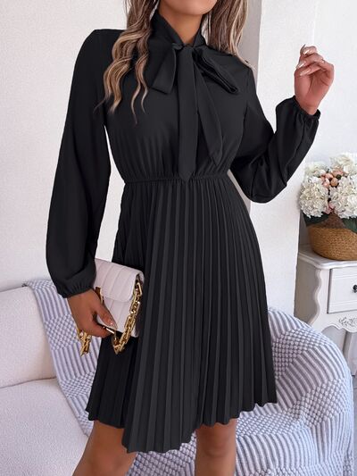 Tie Neck Balloon Sleeve Pleated Dress |1mrk.com