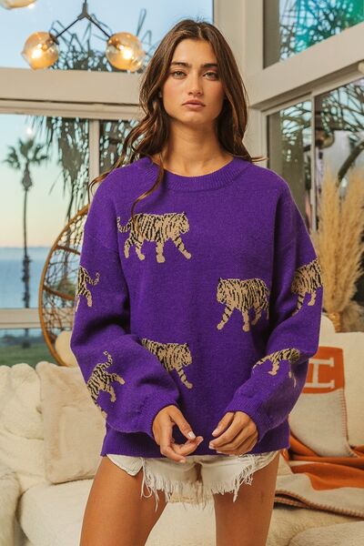BiBi Tiger Pattern Long Sleeve Sweater | Trendsi