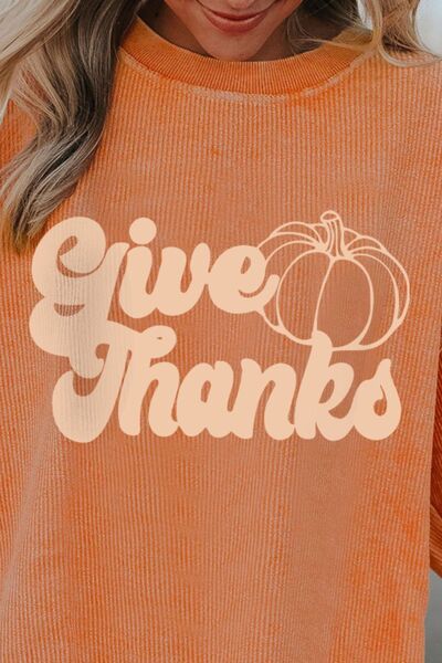 GIVE THANKS Ribbed Round Neck Sweatshirt | Trendsi