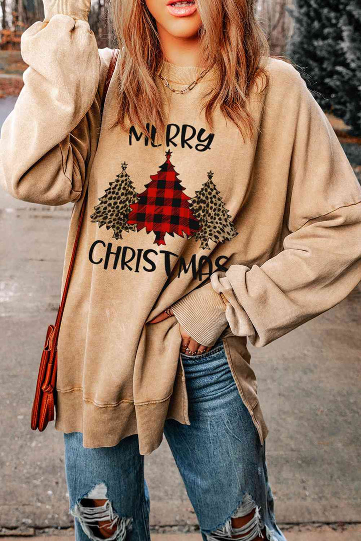 MERRY CHRISTMAS Graphic Slit Drop Shoulder Sweatshirt |1mrk.com