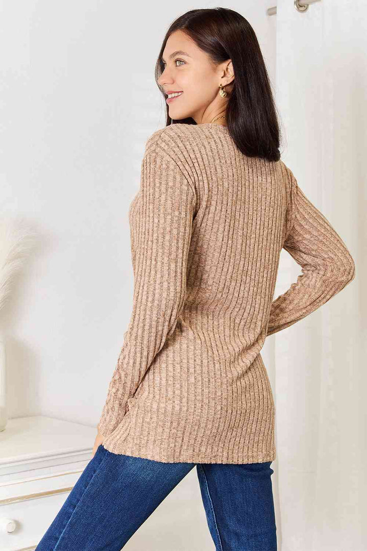 Double Take Notched Neck Ribbed Long Sleeve T-Shirt | 1mrk.com