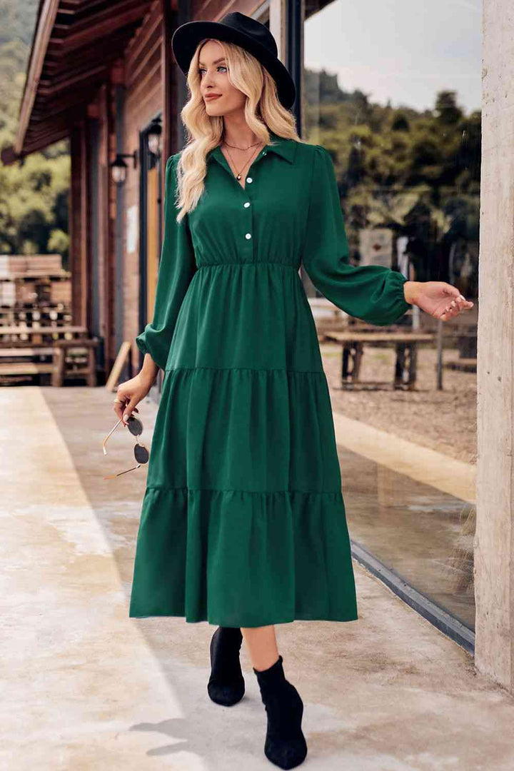 Collared Neck Long Sleeve Midi Dress |1mrk.com