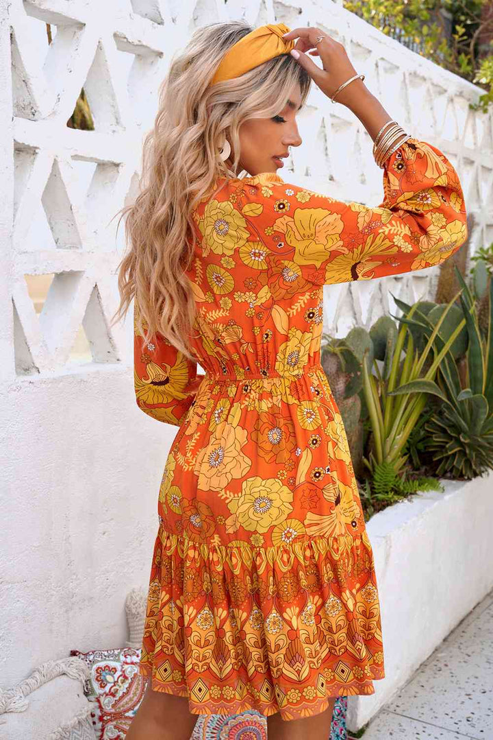 Floral Drawstring Waist Puff Sleeve Dress |1mrk.com