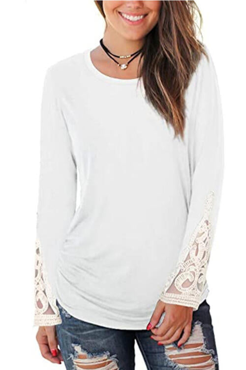 Lace Detail Long Sleeve Round Neck T-Shirt | 1mrk.com