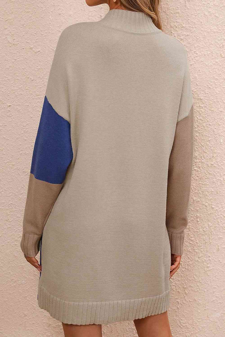 Color Block Mock Neck Dropped Shoulder Sweater Dress | 1mrk.com