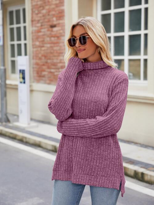 Ribbed Turtleneck Long Sleeve Slit Knit Top | 1mrk.com