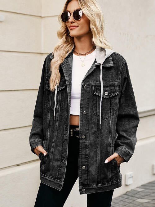 Drawstring Button Up Hooded Denim Jacket | 1mrk.com