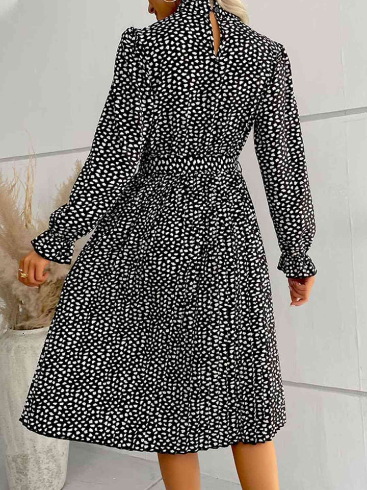 Printed Tie-Waist Flounce Sleeve Keyhole Midi Dress |1mrk.com