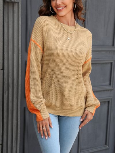 Contrast Round Neck Dropped Shoulder Sweater |1mrk.com