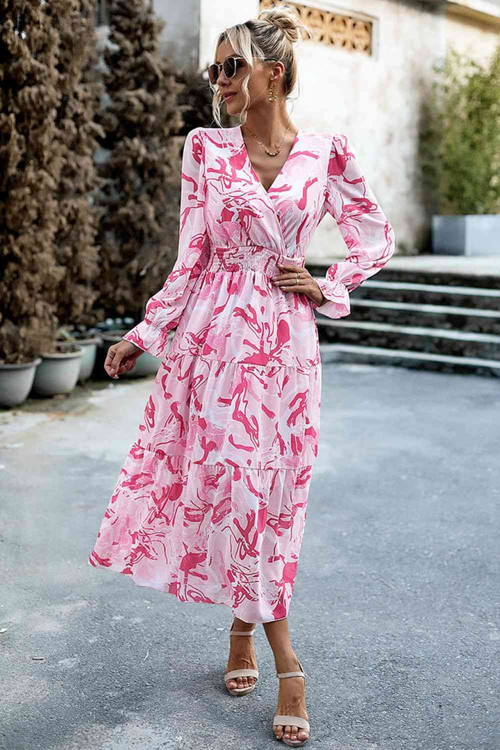 Printed Surplice Neck Flounce Sleeve Midi Dress |1mrk.com