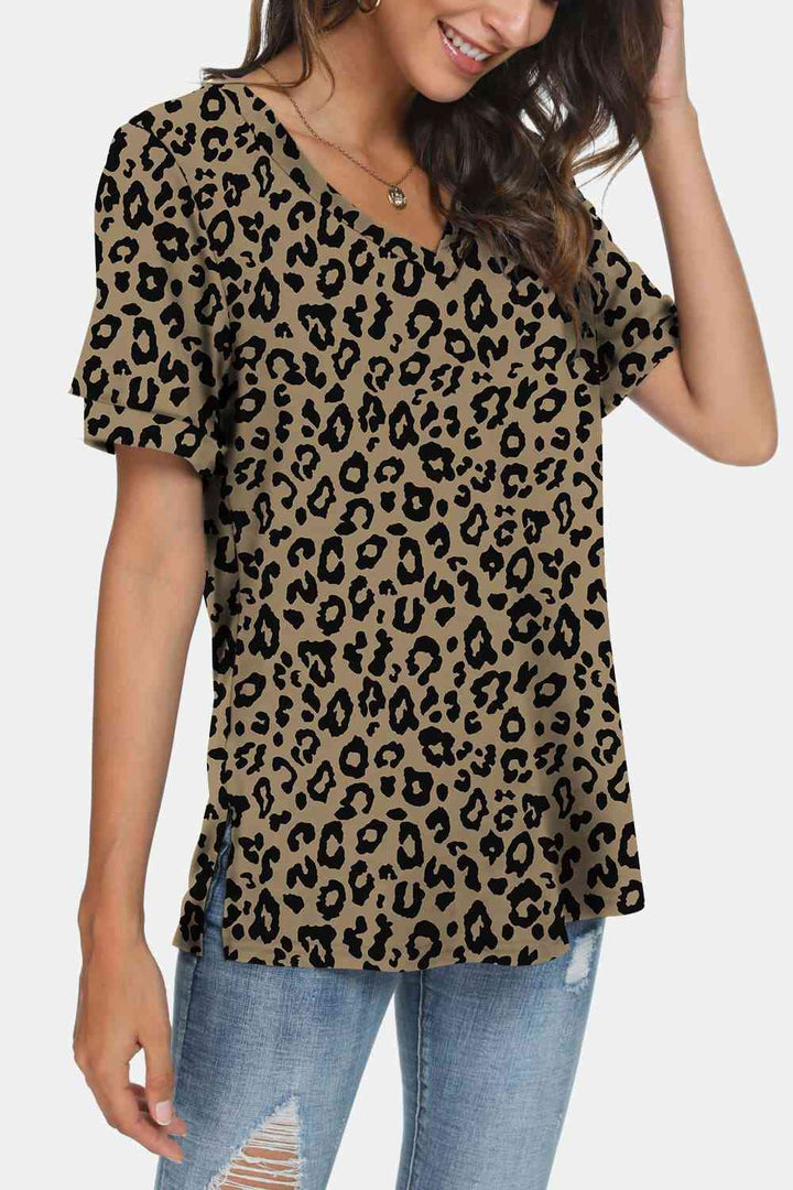 Leopard Print V-Neck Short Sleeve T-Shirt | 1mrk.com
