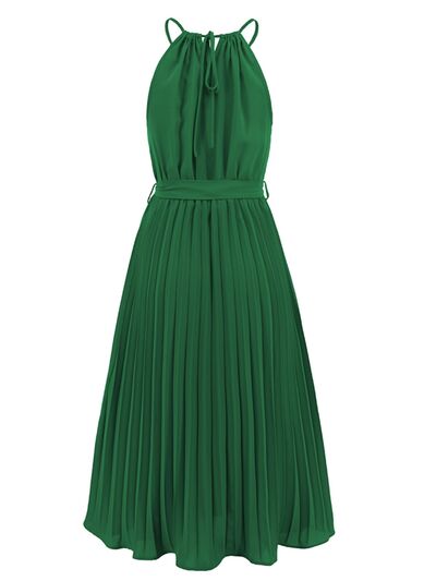 Pleated Spaghetti Strap Tie Waist Midi Dress |1mrk.com