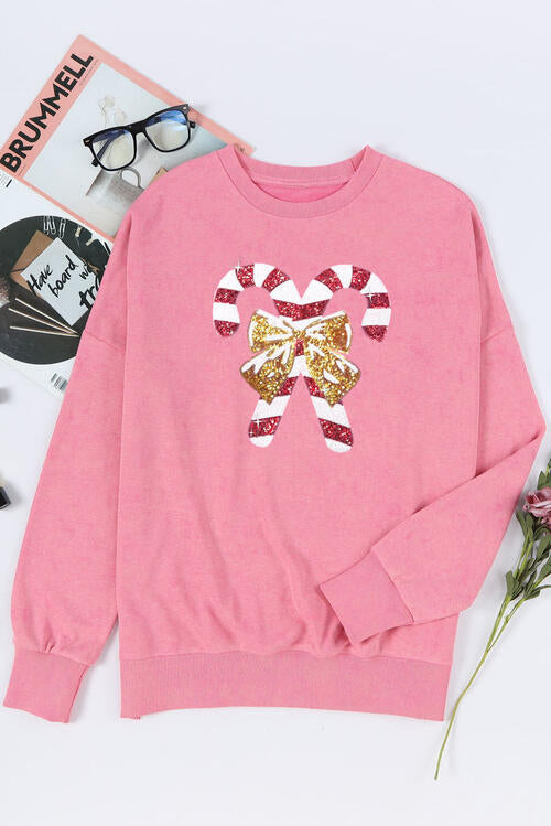 Sequin Candy Cane Round Neck Slit Sweatshirt |1mrk.com