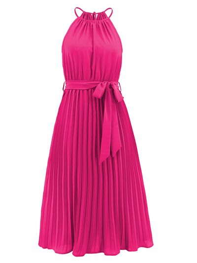 Pleated Spaghetti Strap Tie Waist Midi Dress |1mrk.com