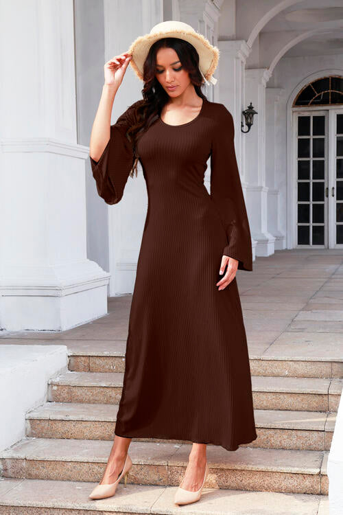 Tie Back Ribbed Round Neck Long Sleeve Dress | 1mrk.com