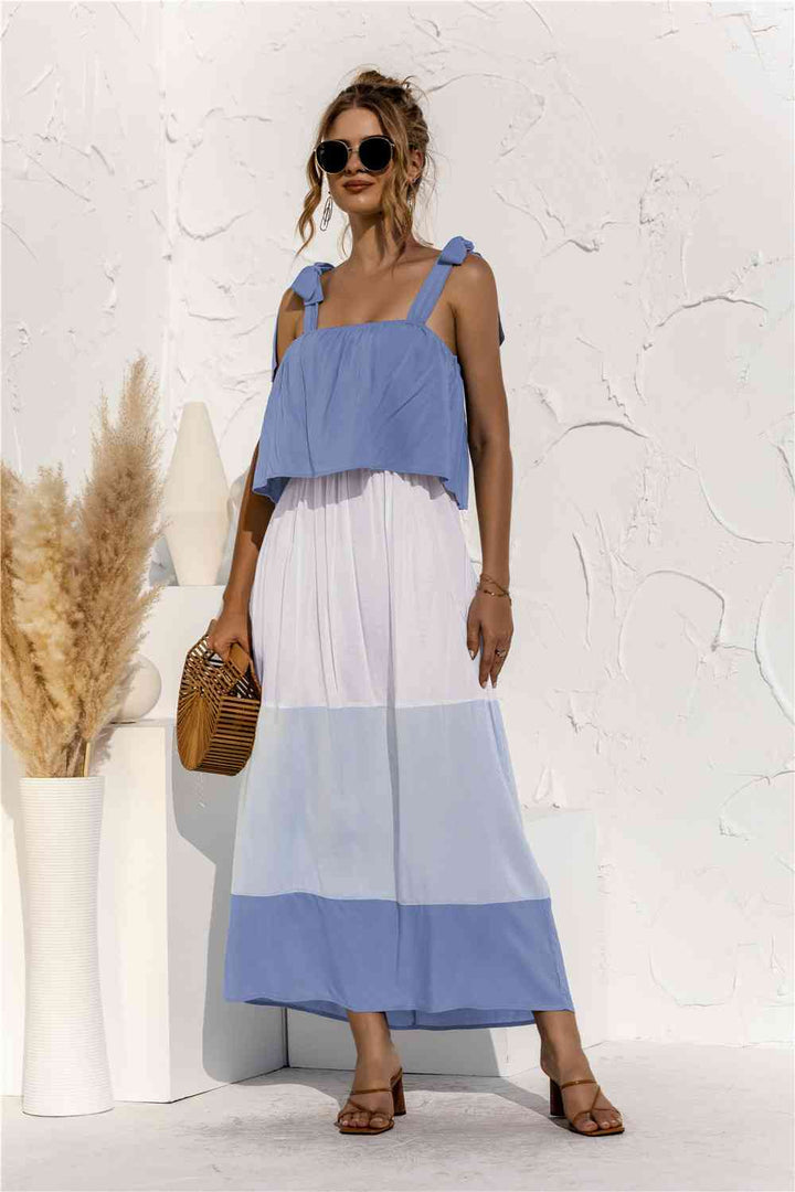 Color Block Tie Shoulder Tiered Sleeveless Dress |1mrk.com