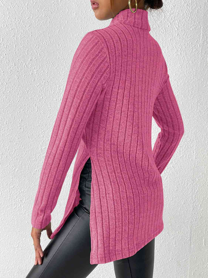 Ribbed Turtleneck Long Sleeve Slit T-Shirt | 1mrk.com