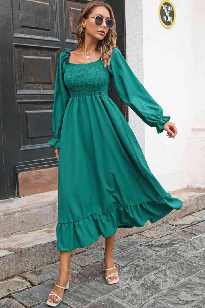 Smocked Ruffle Hem Flounce Sleeve Dress |1mrk.com