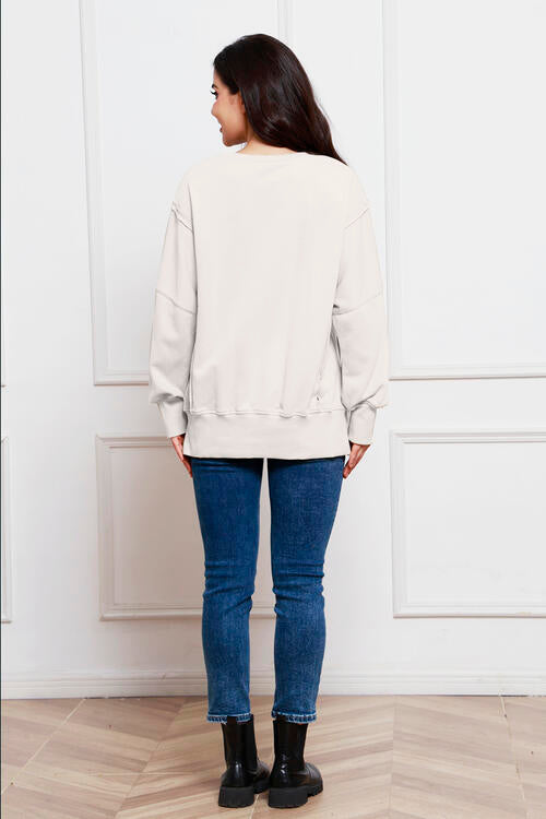 Exposed Seam Long Sleeve Slit Sweatshirt |1mrk.com