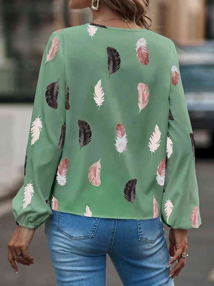 Printed Notched Neck Long Sleeve Blouse | 1mrk.com