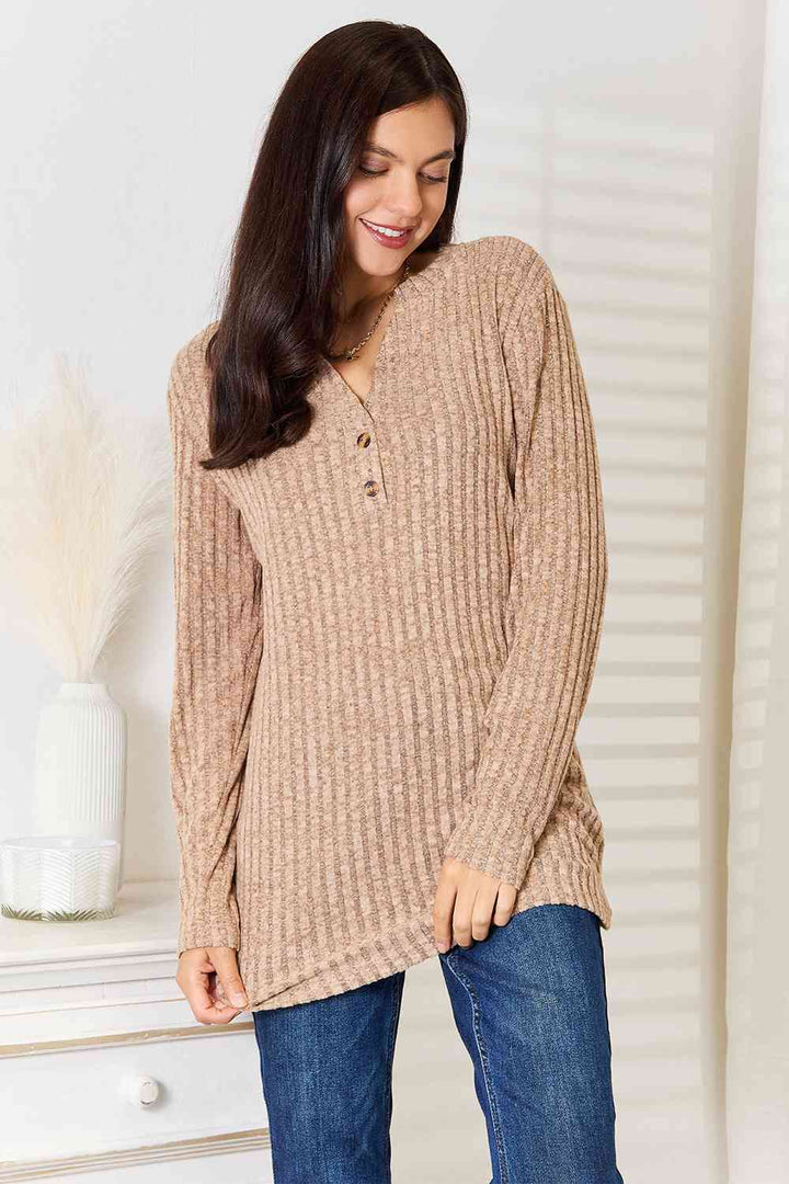 Double Take Notched Neck Ribbed Long Sleeve T-Shirt | 1mrk.com