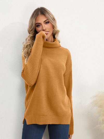 Slit Turtleneck Dropped Shoulder Sweater |1mrk.com