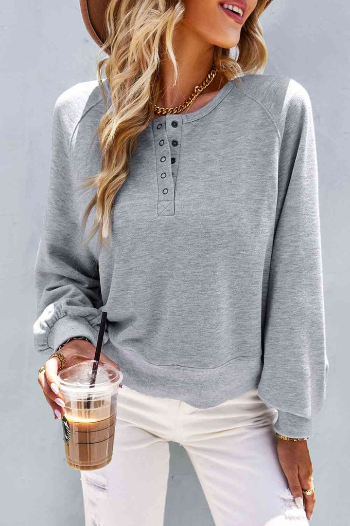 Balloon Sleeve Henley Sweatshirt |1mrk.com