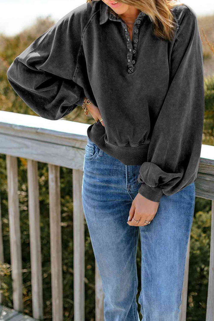 Quarter-Snap Collared Lantern Sleeve Sweatshirt |1mrk.com