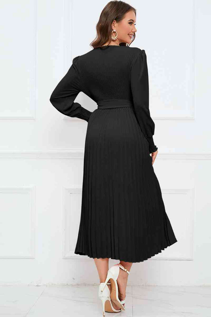 Round Neck Flounce Sleeve Pleated Dress | 1mrk.com