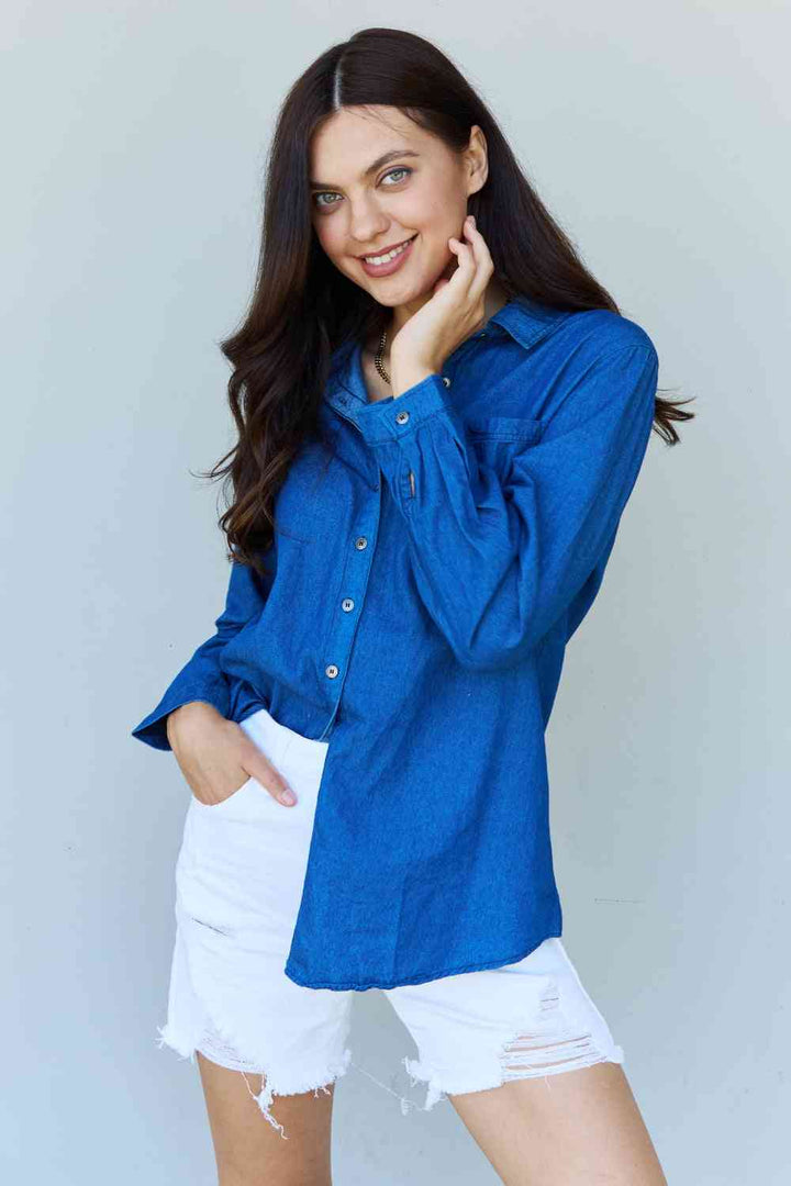 Doublju Blue Jean Baby Denim Button Down Shirt Top in Dark Blue | 1mrk.com