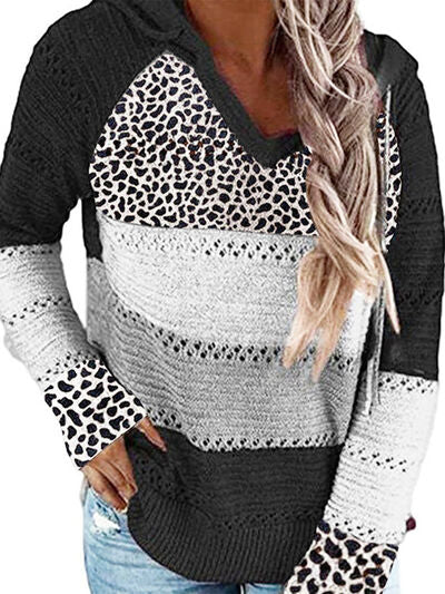 Full Size Openwork Leopard Drawstring Hooded Sweater |1mrk.com