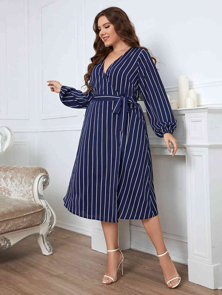 Melo Apparel Plus Size Striped Surplice Neck Long Sleeve Dress |1mrk.com