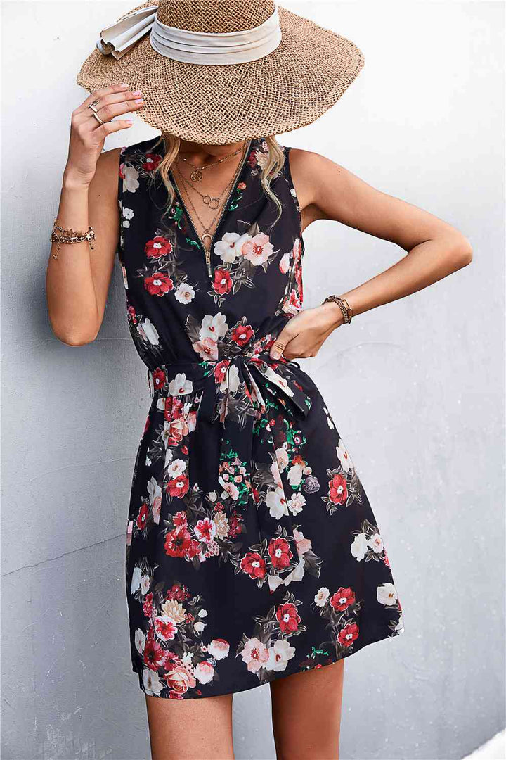 Printed Zip Detail Belted Sleeveless Dress |1mrk.com