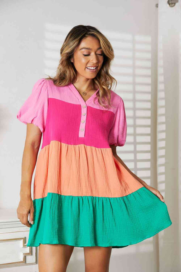 Double Take Color Block Buttoned Puff Sleeve Dress | 1mrk.com