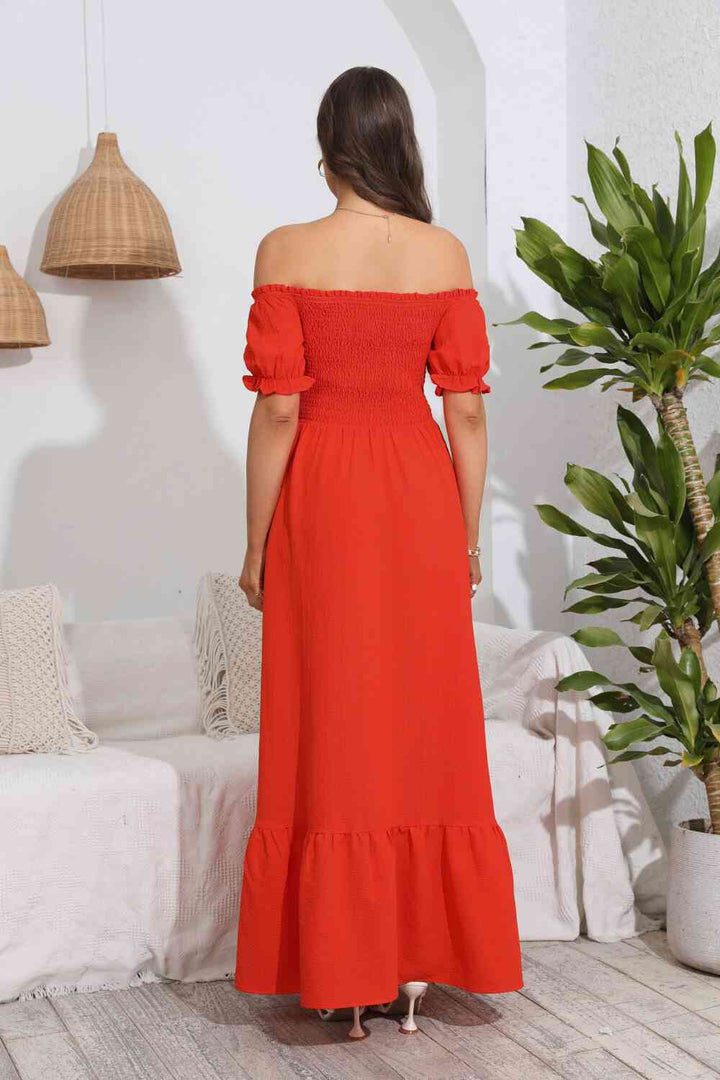 Smocked Off-Shoulder Maxi Dress |1mrk.com