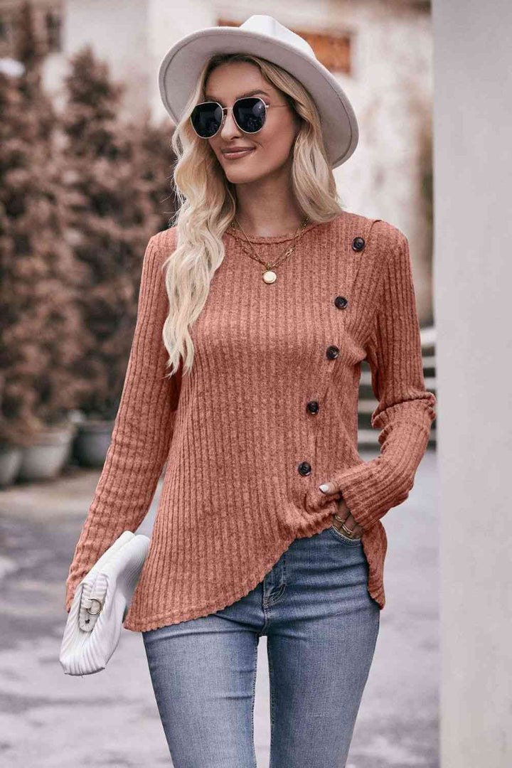 Double Take Ribbed Round Neck Buttoned Long Sleeve Tee | 1mrk.com