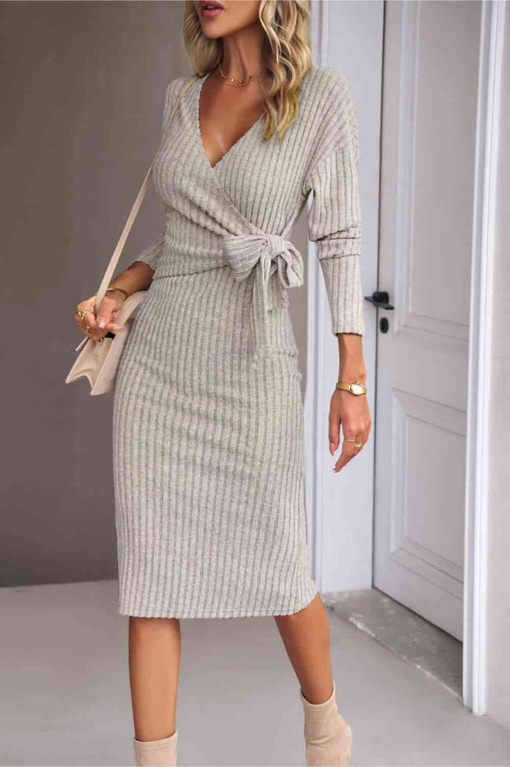 Surplice Neck Tied Ribbed Dress | 1mrk.com