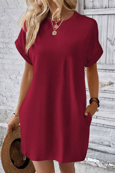 Pocketed Round Neck Short Sleeve Dress |1mrk.com