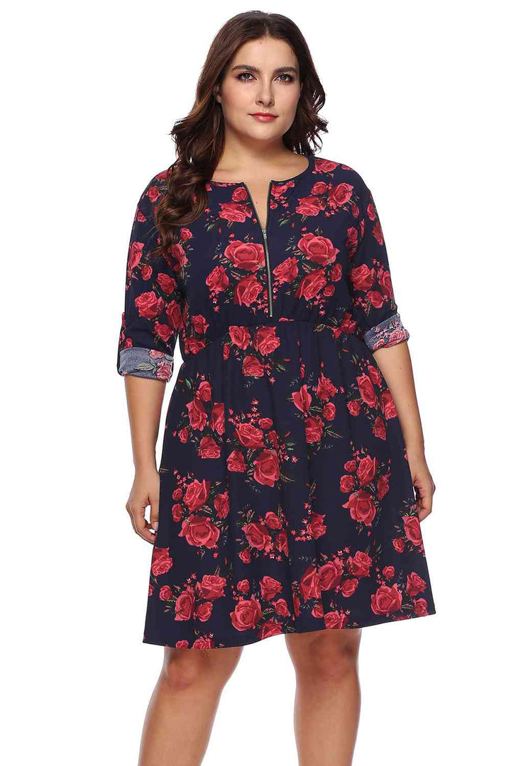 Plus Size Floral Print Half Zip Up Dress |1mrk.com