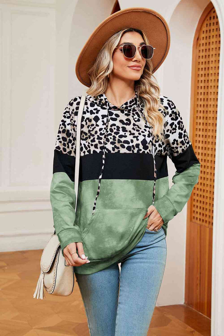 Leopard Drawstring Hoodie with Pocket |1mrk.com