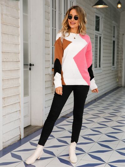 Color Block Round Neck Dropped Shoulder Sweater |1mrk.com