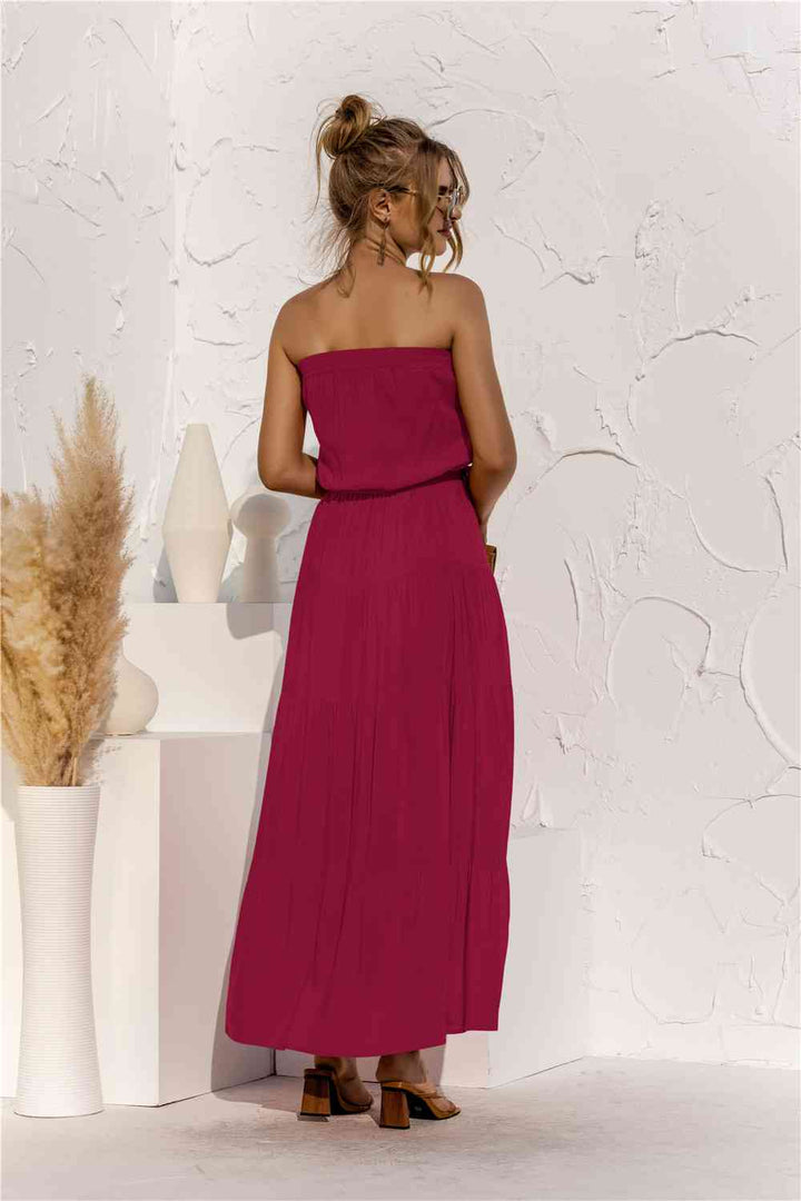 Strapless Tie Waist Tiered Maxi Dress |1mrk.com