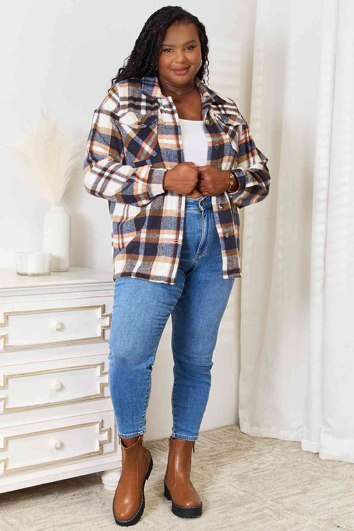 Double Take Plaid Button Front Shirt Jacket with Breast Pockets |1mrk.com