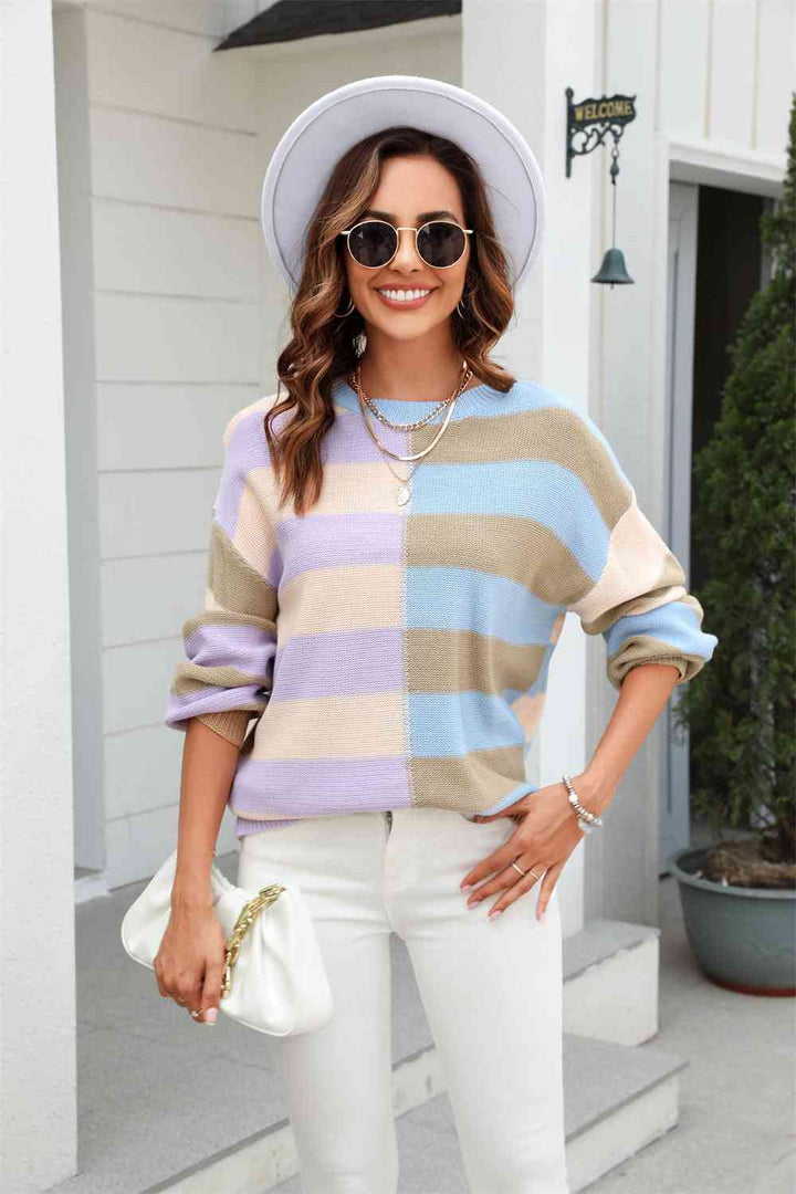 Round Neck Long Sleeve Color Block Dropped Shoulder Pullover Sweater |1mrk.com