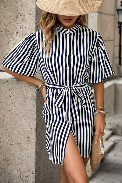 Striped Button Up Tie Waist Mini Dress |1mrk.com